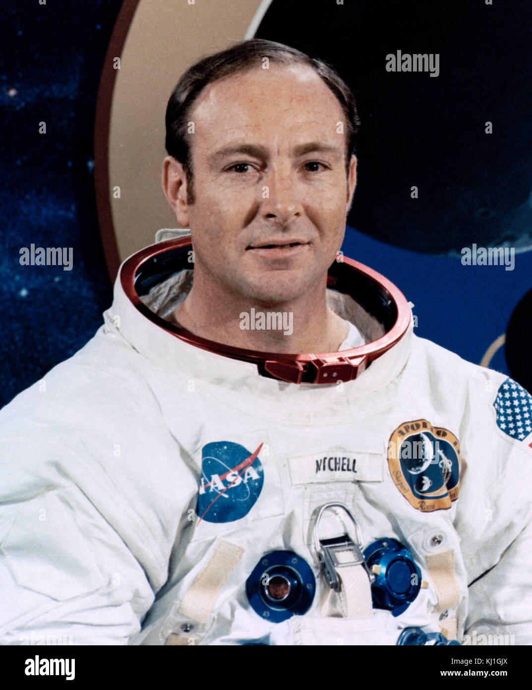 Edgar Dean 'Ed' Mitchell (September 17, 1930 – February 4, 2016); NASA astronaut. As the Lunar Module Pilot of Apollo 14, he spent nine hours working on the lunar surface in the Fra Mauro Highlands region, making him the sixth person to walk on the Moon. Stock Photo