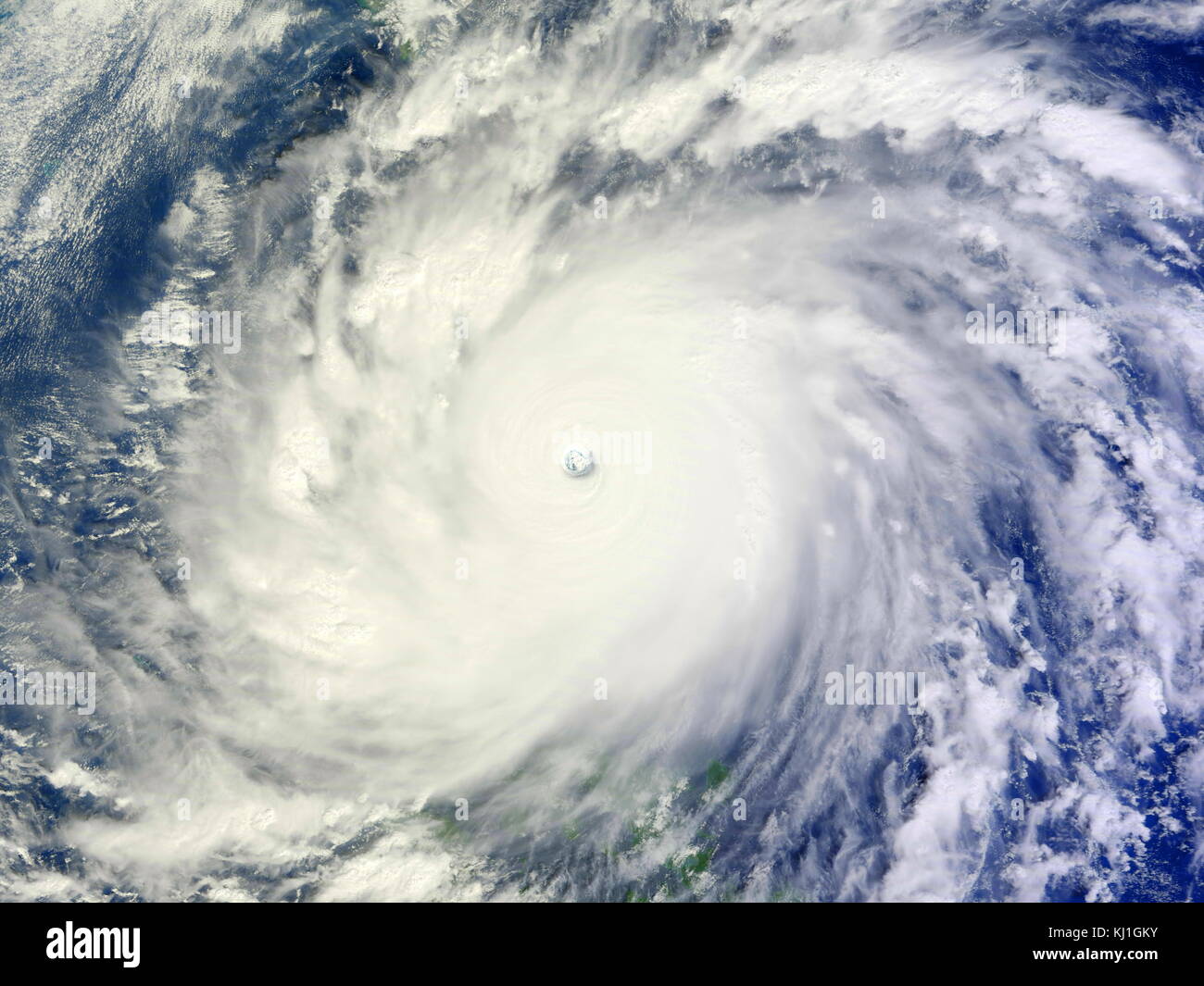 Typhoon Megi known in the Philippines as Super Typhoon Juan, was one of the most intense tropical cyclones on record. Megi, which means catfish in Korean, was the only super typhoon in 2010. Early on October 18, Megi made its first landfall over Luzon. By passing Luzon, Megi weakened but gradually regained strength in the South China Sea, before weakening and losing its eye wall in the Taiwan Strait. Stock Photo