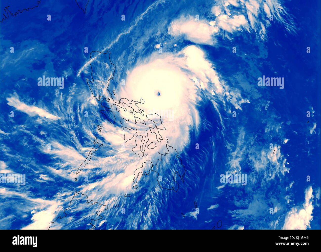 Super Typhoon Angela about to made landfall at the Philippines with 260km/h (160mph) winds, 1995. Typhoon Angela, known in the Philippines as Typhoon Rosing, was a catastrophic Category 5 typhoon with 180 mph (290 km/h) sustained winds. Stock Photo