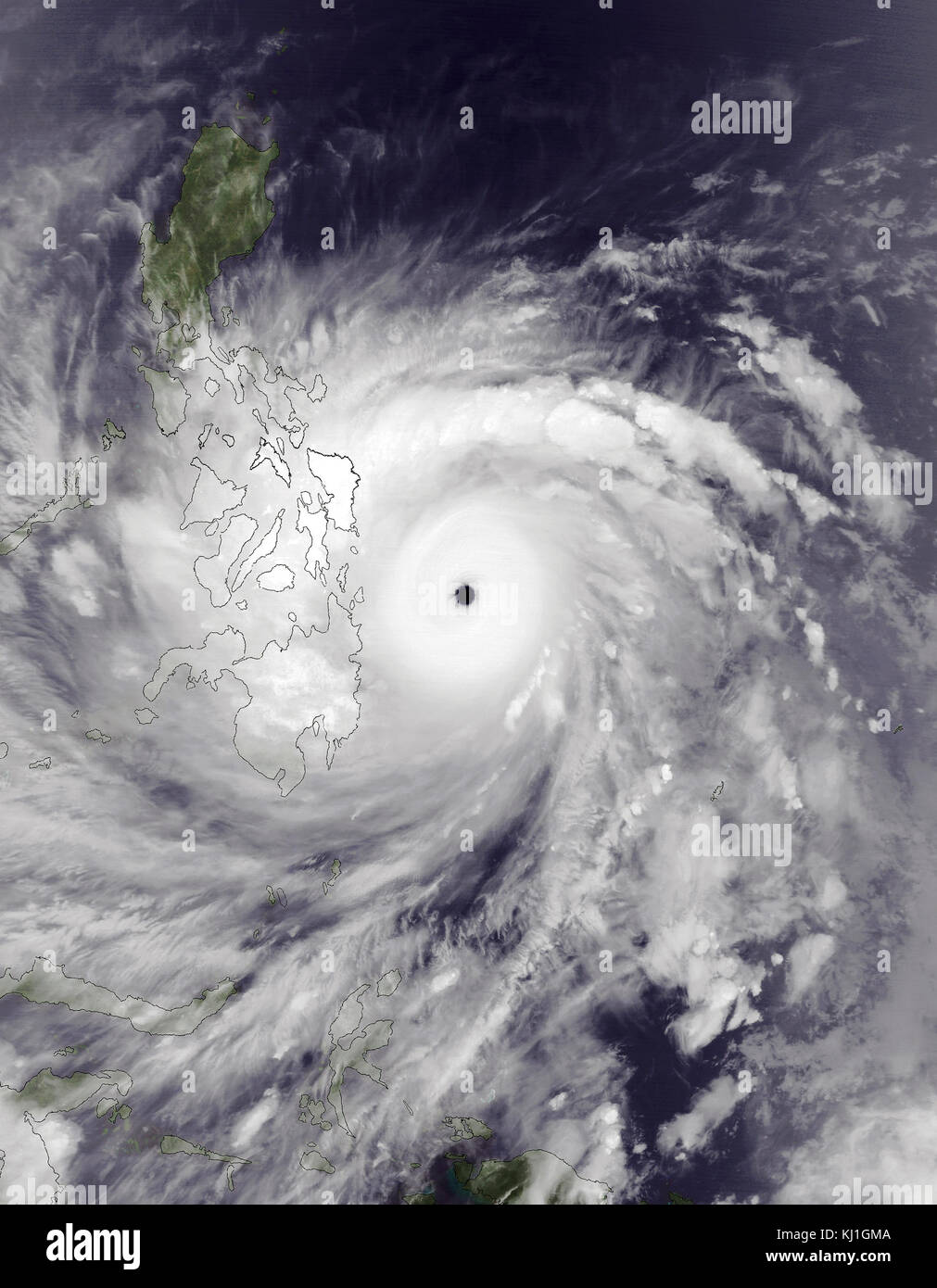 Typhoon Haiyan, known as Super Typhoon Yolanda in the Philippines, was one of the most intense tropical cyclones on record, which devastated portions of Southeast Asia, particularly the Philippines, on November 8, 2013. It is the deadliest Philippine typhoon on record, killing at least 6,300 people in that country alone Stock Photo