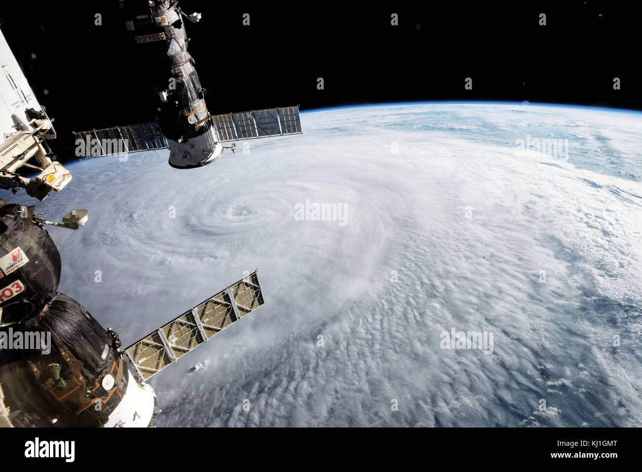 Typhoon Soudelor photographed from the International Space Station on Aug. 5, 2015 while the storm was traveling in the western Pacific. The Soyuz TMA-17M (bottom left) and the Progress 60 (top left) cargo craft are visible. Typhoon Soudelor, known in the Philippines as Typhoon Hanna, was the second most intense tropical cyclone worldwide in 2015 as well as the strongest tropical cyclone of the 2015 Pacific typhoon season. Soudelor had severe impacts in the Northern Mariana Islands, Taiwan, and eastern China, resulting in 40 confirmed fatalities Stock Photo