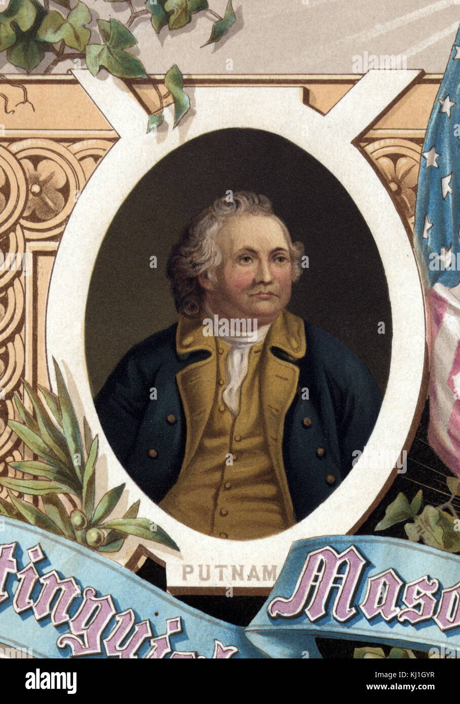 Israel Putnam (January 7, 1718 – May 29, 1790) was an American army general officer, popularly known as Old Put, who fought with distinction at the Battle of Bunker Hill (1775) during the American Revolutionary War (1775–1783). His reckless courage and fighting spirit became known far beyond Connecticut's borders through the circulation of folk legends in the American colonies and states celebrating his exploits.. Taken from an illustration of 1800 titled 'Distinguished masons of the revolution' Stock Photo