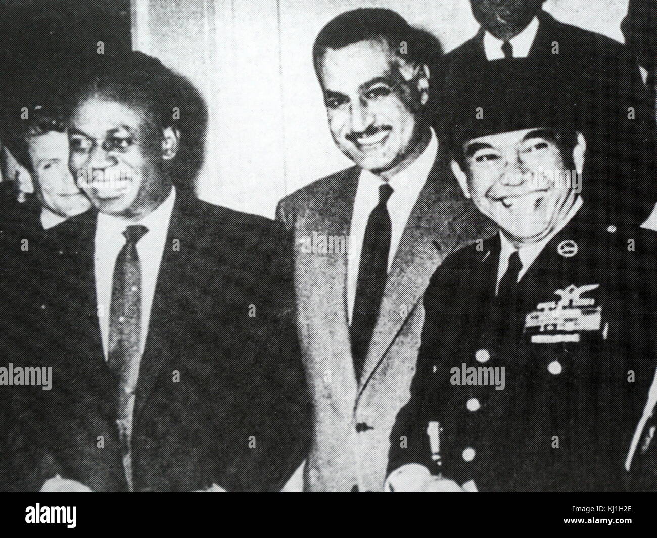 Left to right: Non-Aligned movement meeting with Ghana's Kwame Nkrumah, Egypt's Gamal Nasser and Indonesia's Ahmed Sukarno. Circa 1960 Stock Photo