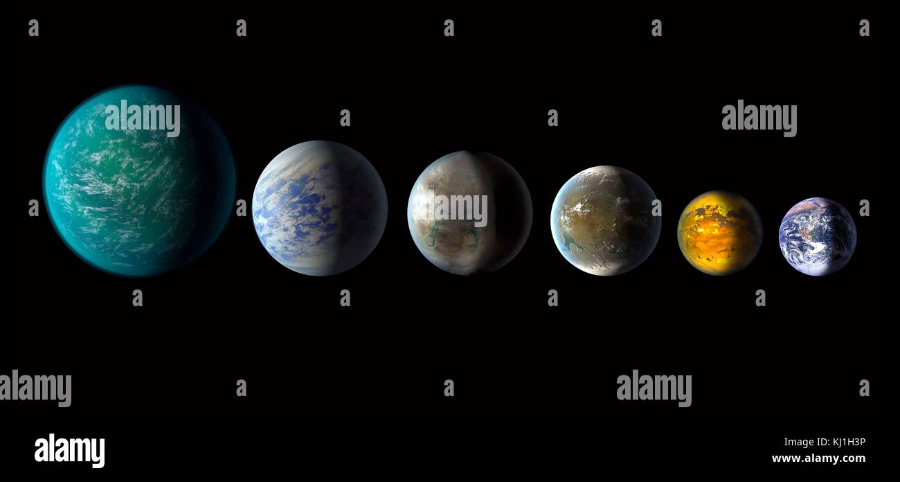 A newly discovered exoplanet, Kepler-452b, comes the closest of any found so far to matching our Earth-sun system. This artist's conception of a planetary line-up shows habitable-zone planets with similarities to Earth: from left, Kepler-22b, Kepler-69c, the just announced Kepler-452b, Kepler-62f and Kepler-186f. Last in line is Earth itself. Stock Photo