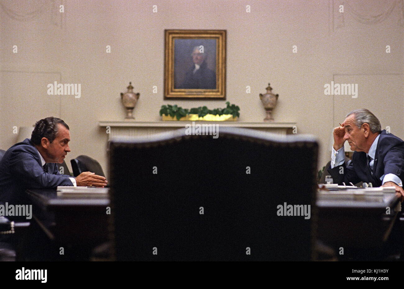 United States President Lyndon Johnson, meets with Presidential candidate Richard Nixon at the White House, July 26, 1968 Stock Photo
