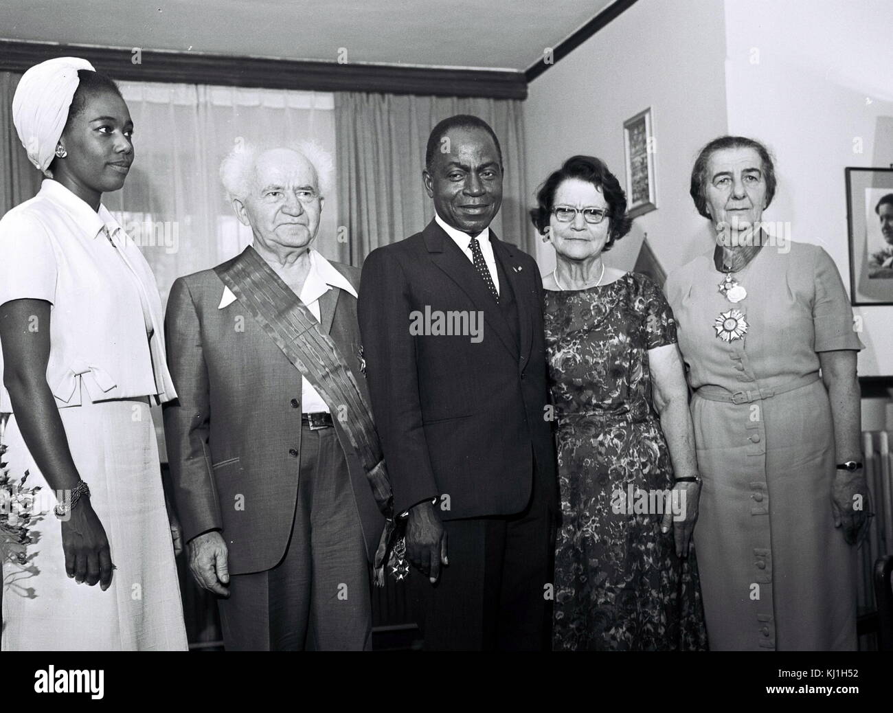 Israeli Prime Minister, Ben-Gurion with Ivory Coast President Houphouet Boigny and Foreign Minister Golda Meir in Jerusalem 1962 Stock Photo