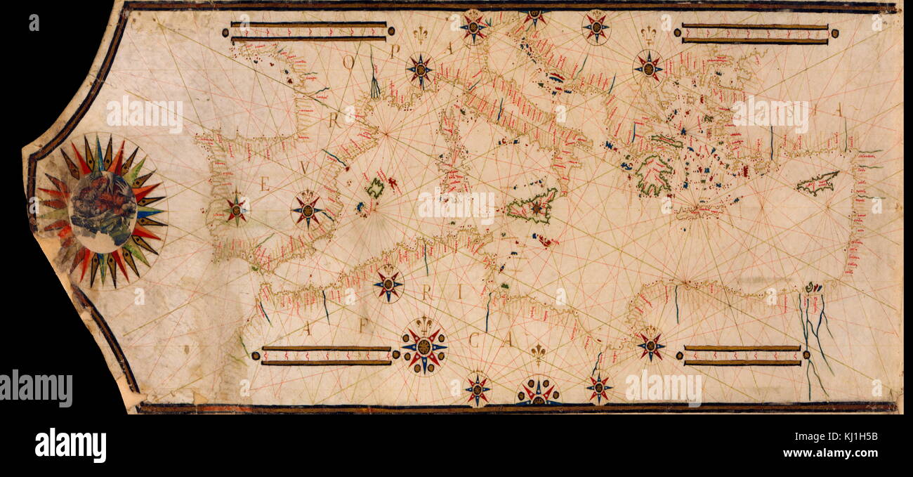 Portolan Map of the Mediterranean and connecting seas. Portolan or portulan charts are navigational maps based on compass directions and estimated distances observed by the pilots at sea. They were first made in the 13th century in Italy, and later in Spain and Portugal, with later 15th and 16th century charts noted for their cartographic accuracy. With the advent of widespread competition among seagoing nations during the Age of Discovery, Portugal and Spain considered such maps to be state secrets. Stock Photo