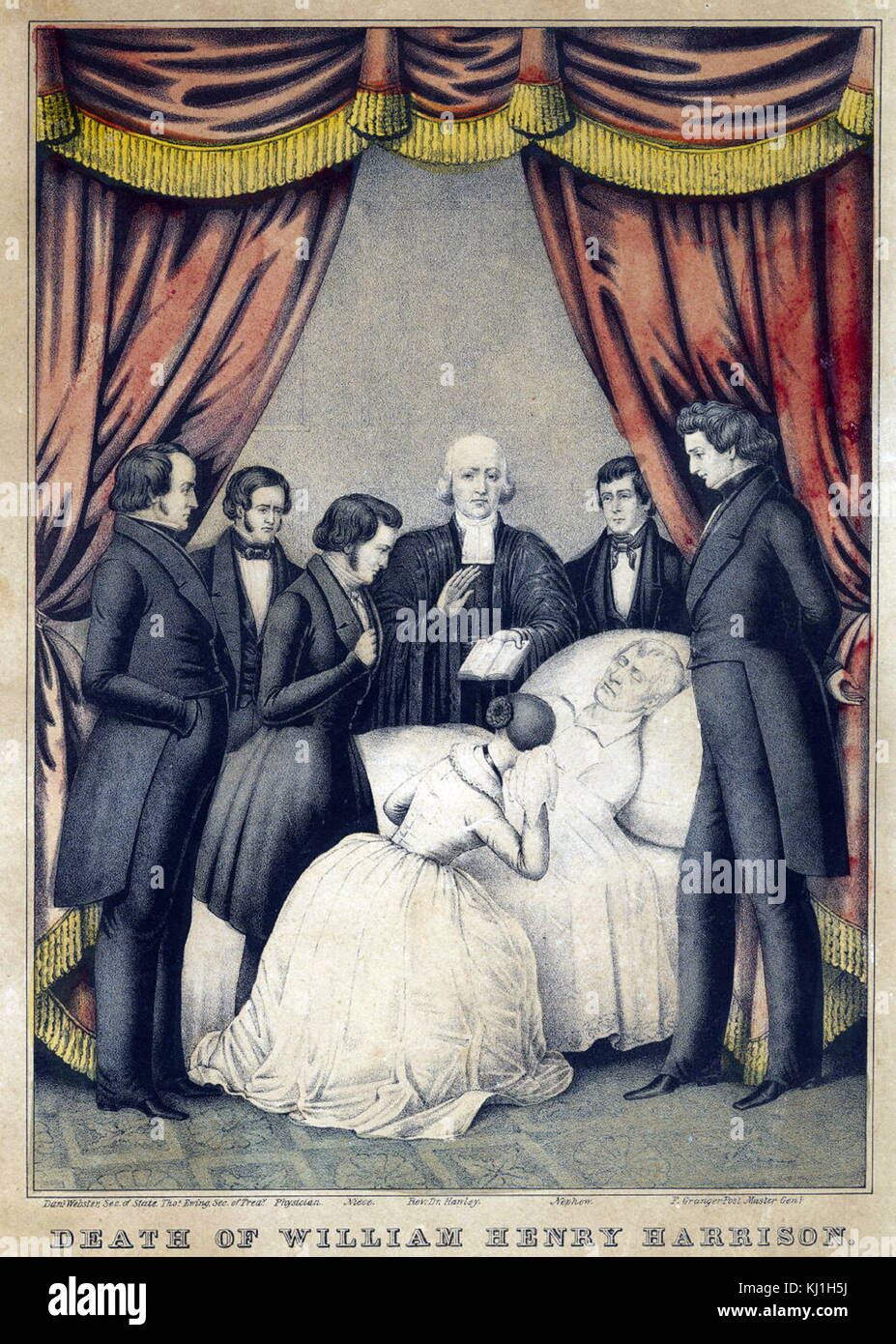 Death of William Henry Harrison Sr. (1773 – April 4, 1841) President of the United States (1841), an American military officer, and the last president born as a British subject. He was 68 years, 23 days old at the time of his inauguration. He died of complications from pneumonia 31 days into his term. Stock Photo