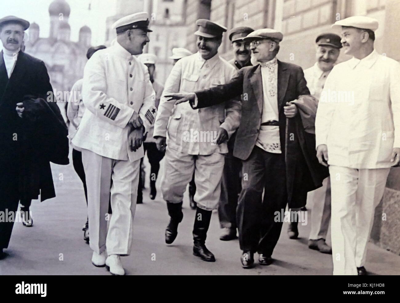 Members of the Soviet Russian Politburo of the CPSU and the Soviet government. Moscow. 1936. From left to right: A.A.Andreev, Voroshilov, Stalin, M.IKalinin, L.M.Kaganovich, GK Ordzhonikidze, VM Molotov. Stock Photo