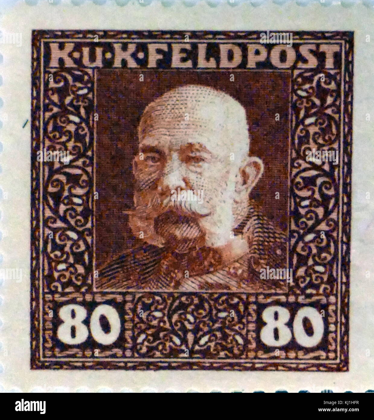 Austro-Hungarian stamp depicting, Franz Joseph I or Francis Joseph I (1830 – 1916) was Emperor of Austria and King of Hungary, Croatia and Bohemia from 2 December 1848 until his death on 21 November 1916. Stock Photo