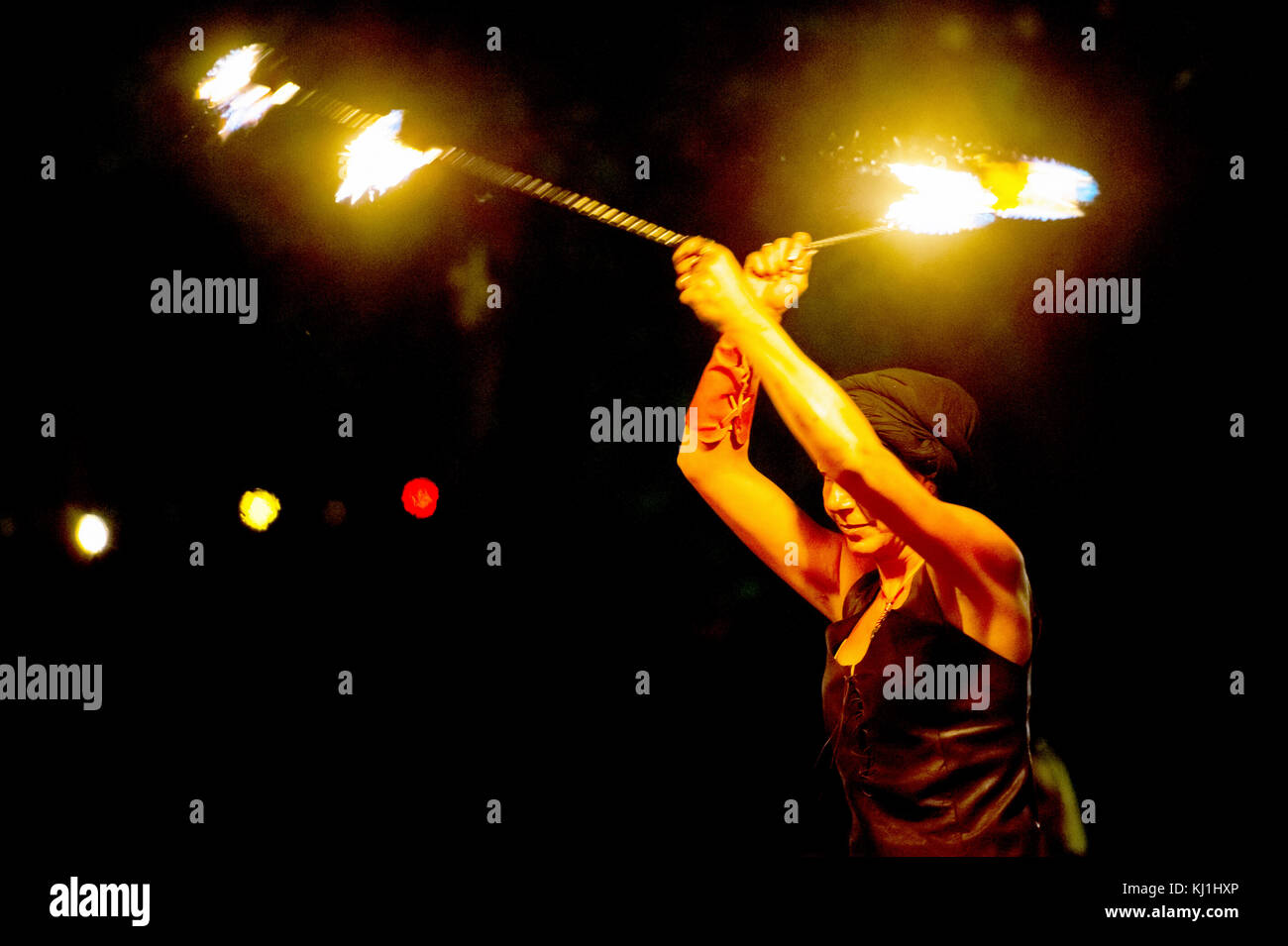Europe, France, Var, Fayence. Medieval Festival. Performance with a flaming wheel. Stock Photo