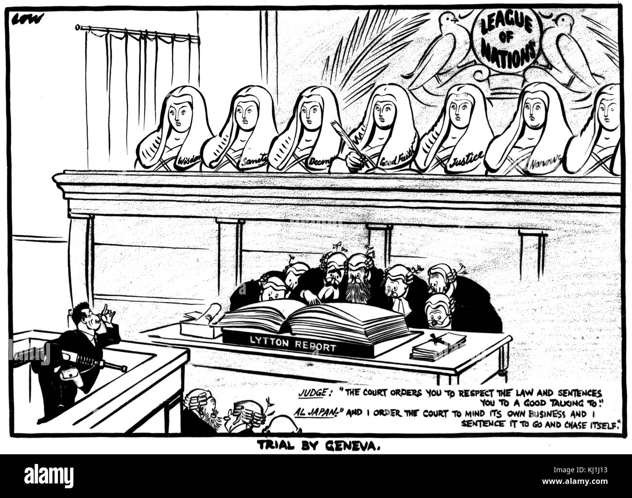 Satirical cartoon titled 'Trial by Geneva' by David Low (1891-1963) a New Zealand political cartoonist and caricaturist who lived in the United Kingdom. Dated 20th Century Stock Photo