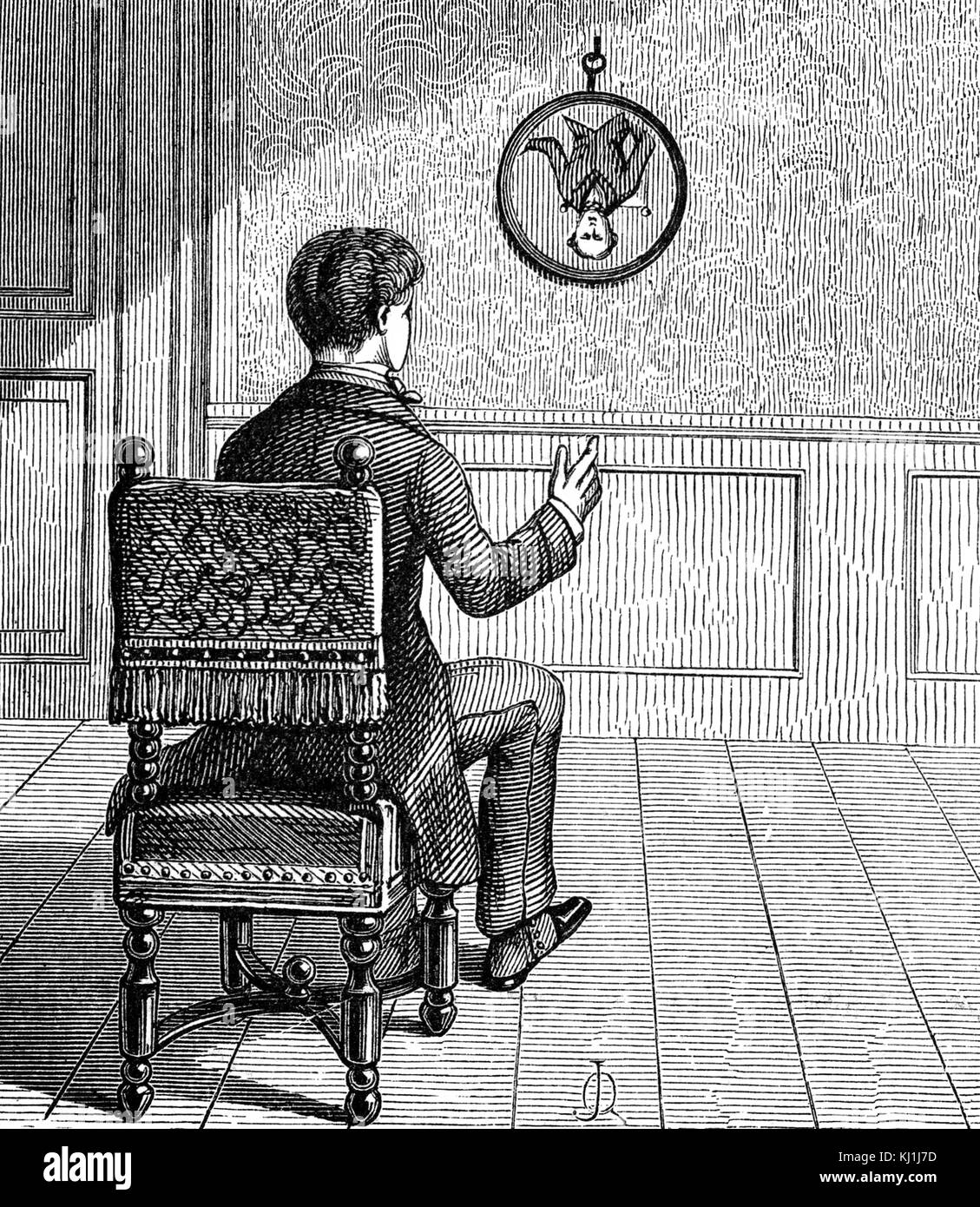 Engraving depicting a concave mirror. The diagram showing the virtual focus when the light source is inside the principal focus. Dated 19th Century Stock Photo