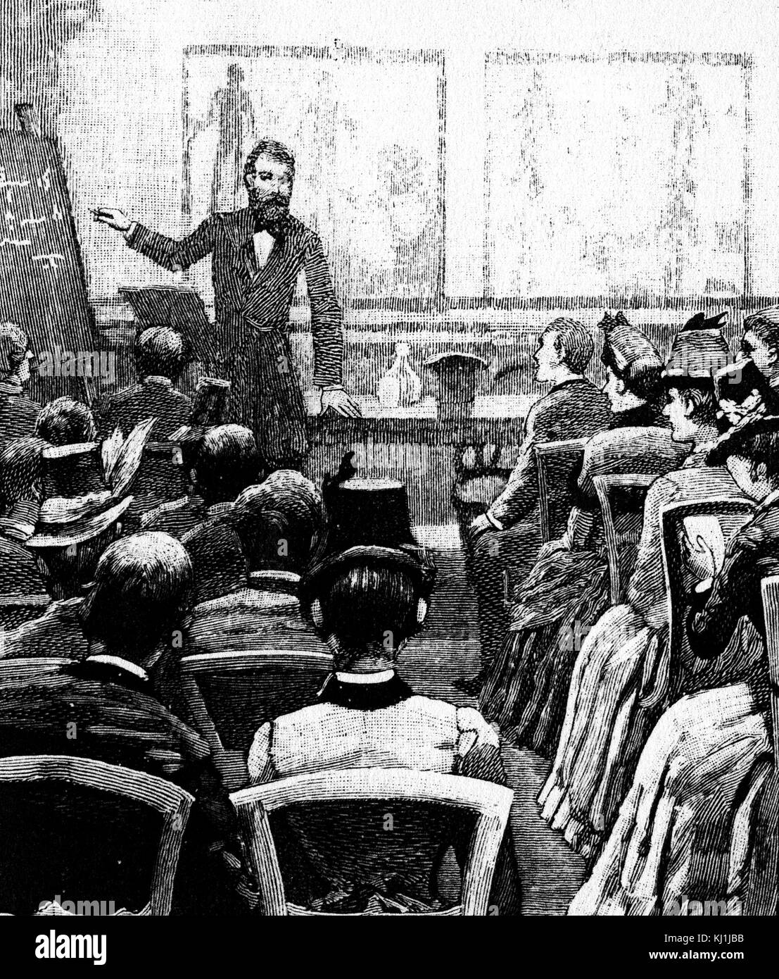 Engraving depicting an evening lecture on physiology and hygiene being given to members of the young men's Christian Association. Dated 19th Century Stock Photo