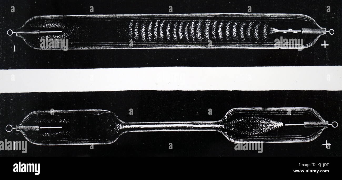 Engraving depicting a Geissler tube, an early gas discharge tube used to demonstrate the