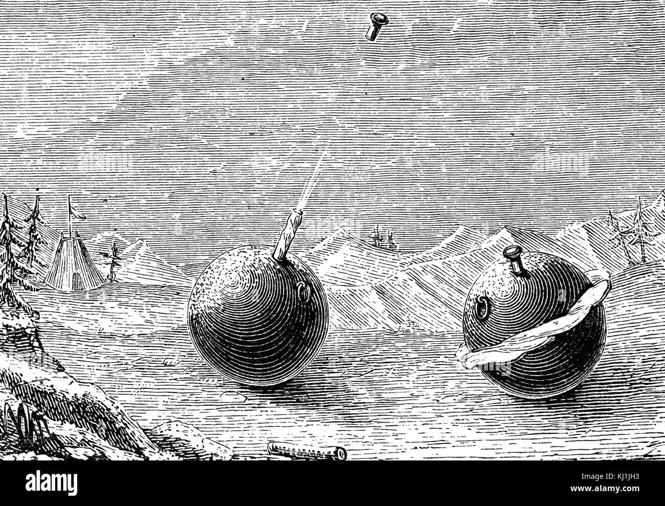 Engraving depicting the two different effects of freezing water in an iron sphere - left, ejection of stopper by column of ice; right, splitting of the sphere. Dated 19th Century Stock Photo
