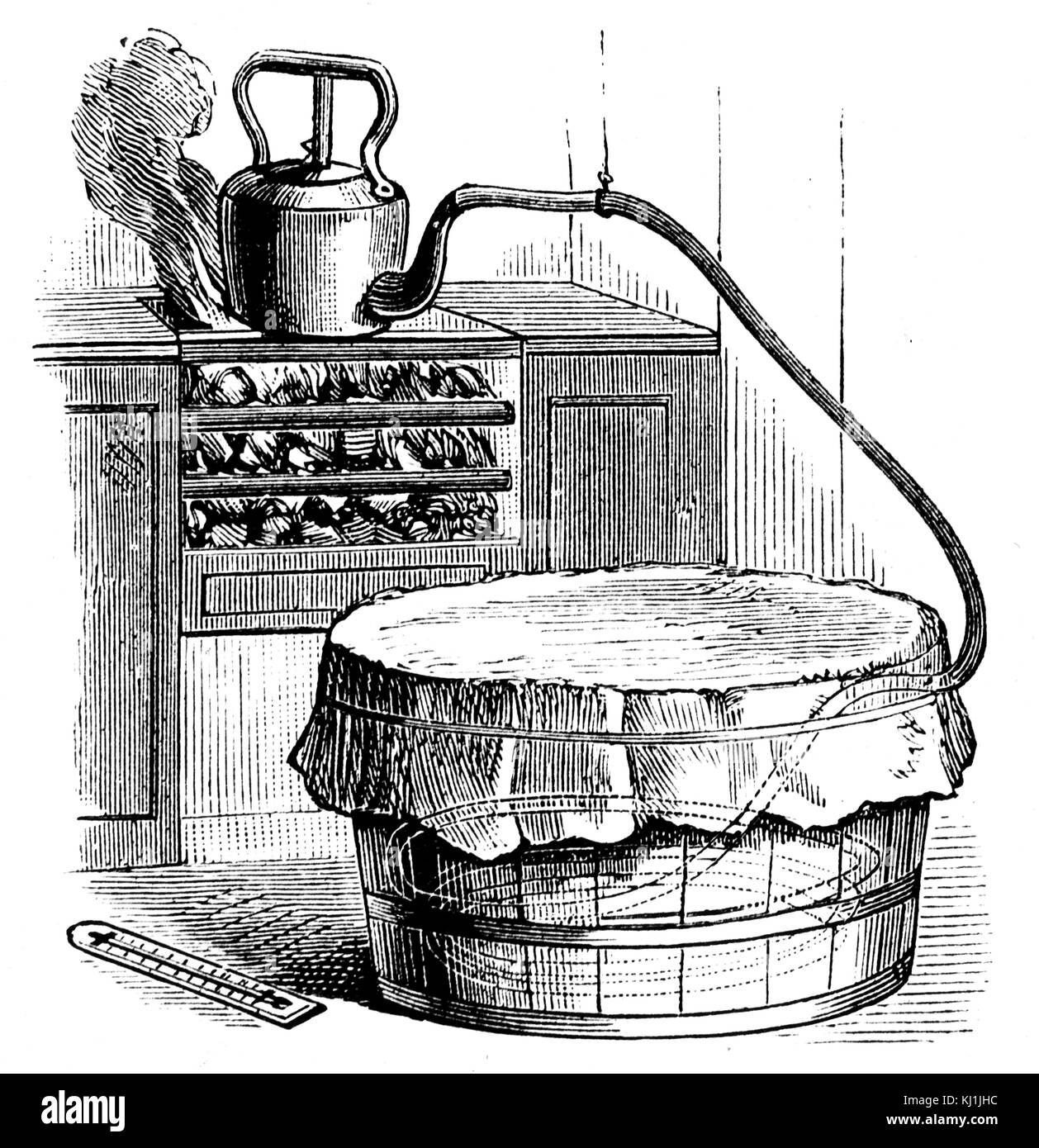Engraving depicting an experiment showing how condensing steam gives