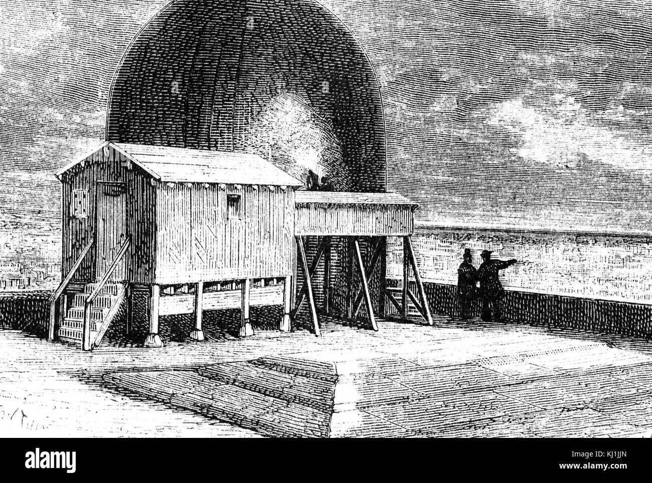 Engraving depicting an astronomer and his assistant observing Mercury, Venus and Jupiter from a roof top observatory in Paris. Dated 19th Century Stock Photo