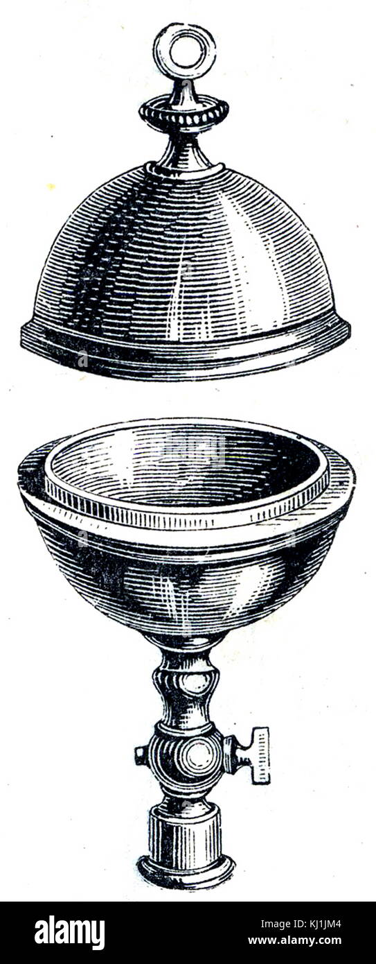 Engraving depicting the two parts of a Magdeburg hemispheres. The Magdeburg hemispheres are a pair of large copper hemispheres, with mating rims. They were used to demonstrate the power of atmospheric pressure. When the rims were sealed with grease and the air was pumped out, the sphere contained a vacuum and could not be pulled apart by teams of horses. Dated 19th Century Stock Photo
