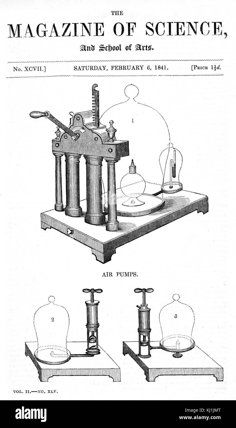 Engraving depicting air pumps in Magazine of Science, and School of Arts. Dated 19th Century Stock Photo
