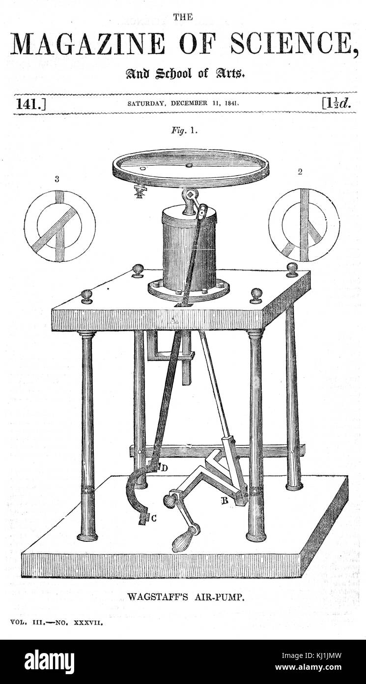 Engraving depicting the Wagstaff's air pump in Magazine of Science, and School of Arts. Dated 19th Century Stock Photo