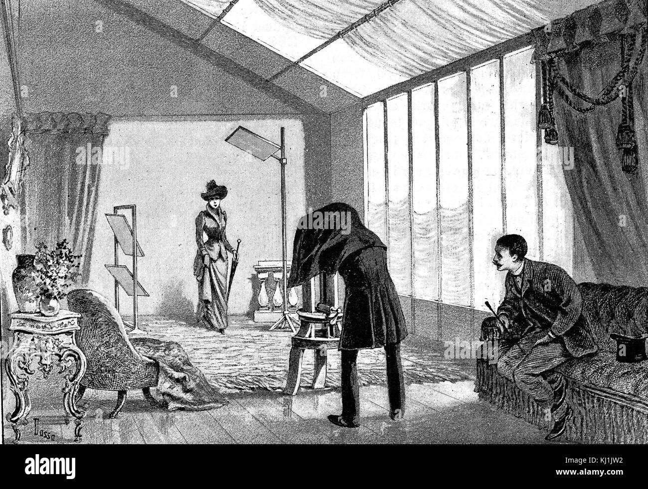 Cartoon depicting a photographer's studio by George du Maurier. George du Maurier (1834-1896) a Franco-British cartoonist and author. Dated 19th Century Stock Photo