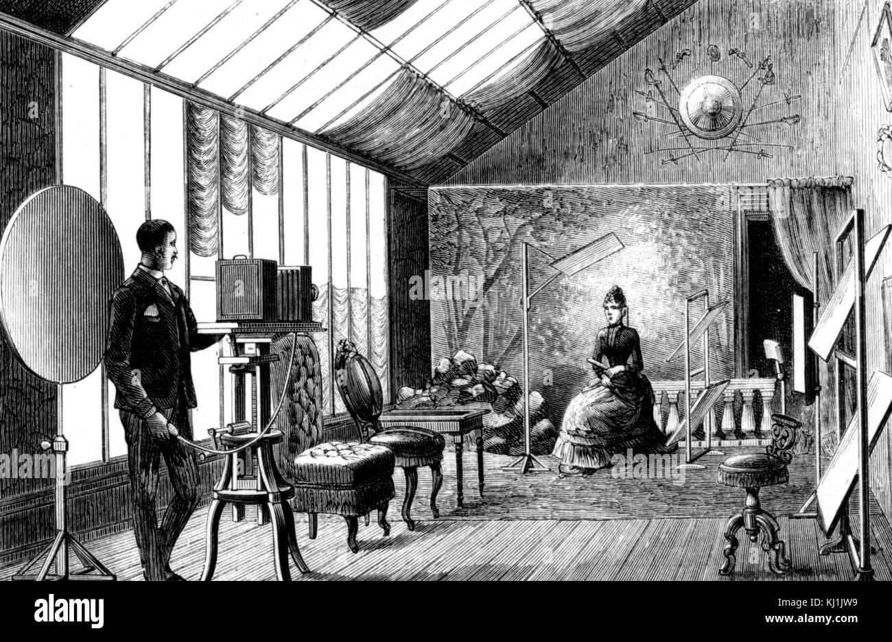 Cartoon depicting a photographer's studio by George du Maurier. George du Maurier (1834-1896) a Franco-British cartoonist and author. Dated 19th Century Stock Photo