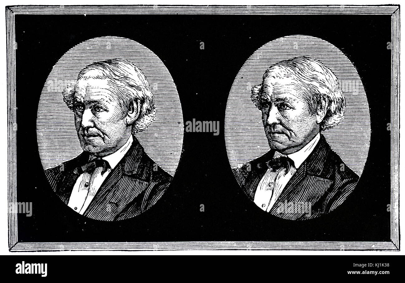 Engraving depicting a stereoscope. A stereoscope is a device for viewing a stereoscopic pair of separate images, depicting left-eye and right-eye views of the same scene, as a single three-dimensional image. Dated 19th Century Stock Photo