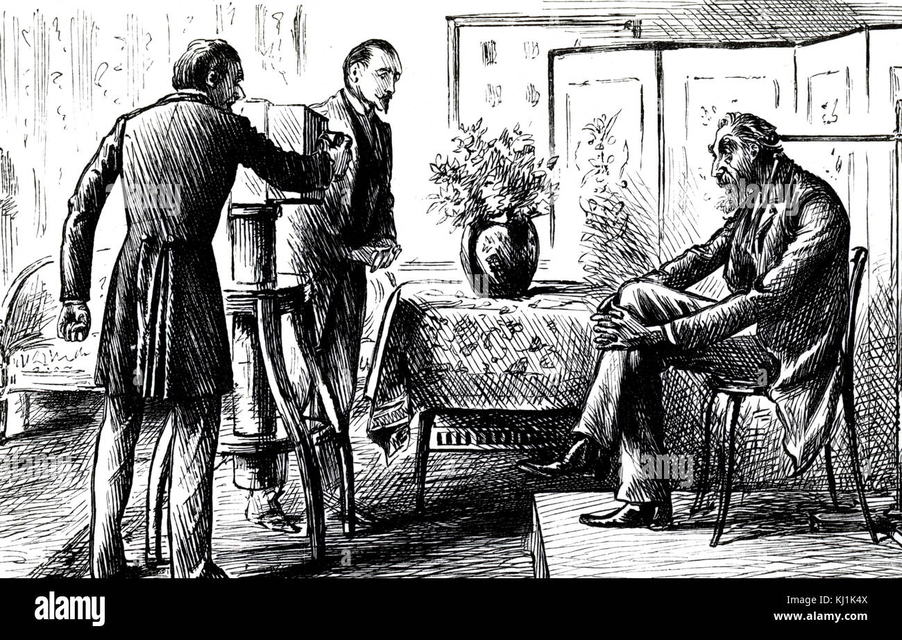 Cartoon depicting a man sitting for his photographic portrait by George du Maurier. George du Maurier (1834-1896) a Franco-British cartoonist and author. Dated 19th Century Stock Photo