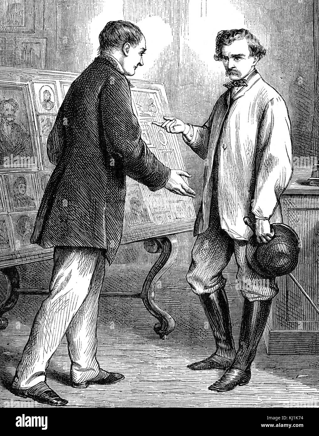Engraving depicting a client examining a photographer's show pictures by Edward Hughes (1832-1908) a British illustrator and painter. Dated 19th Century Stock Photo