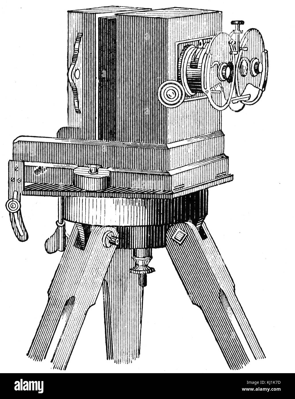 Engraving depicting an early stereoscopic camera mounted on a tripod. This type of camera has two or more lenses with a separate image sensor or film frame for each lens. Dated 19th Century Stock Photo