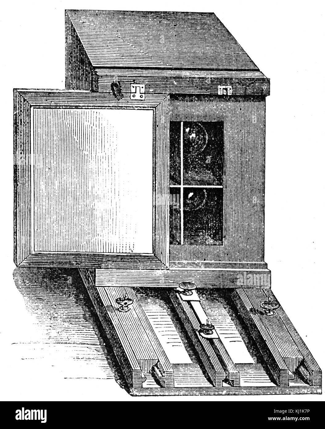 Engraving depicting a stereoscopic camera with a single shutter operating in front of both lenses. Dated 19th Century Stock Photo