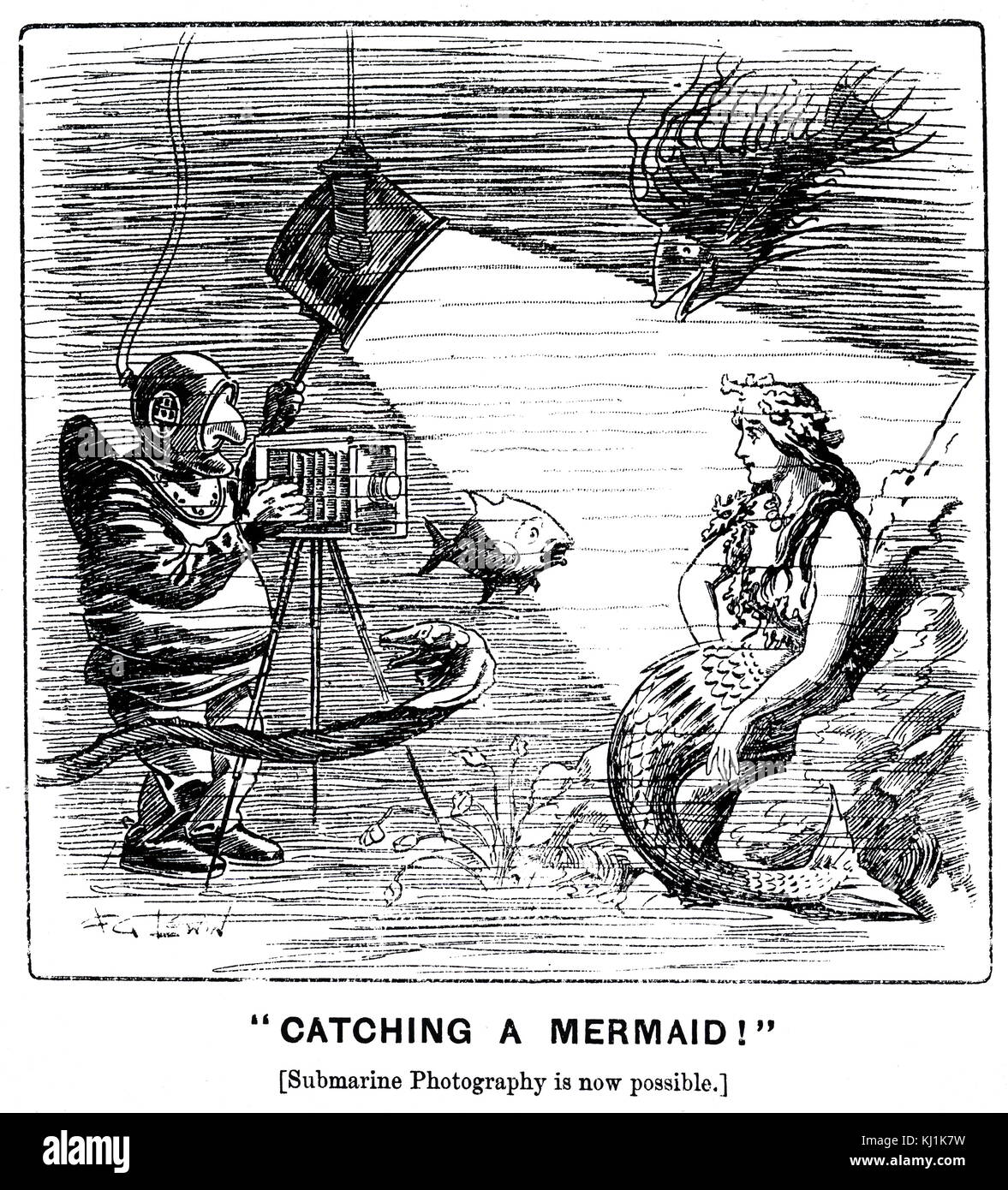 Cartoon marking the announcement of submarine photography. Dated 20th Century Stock Photo