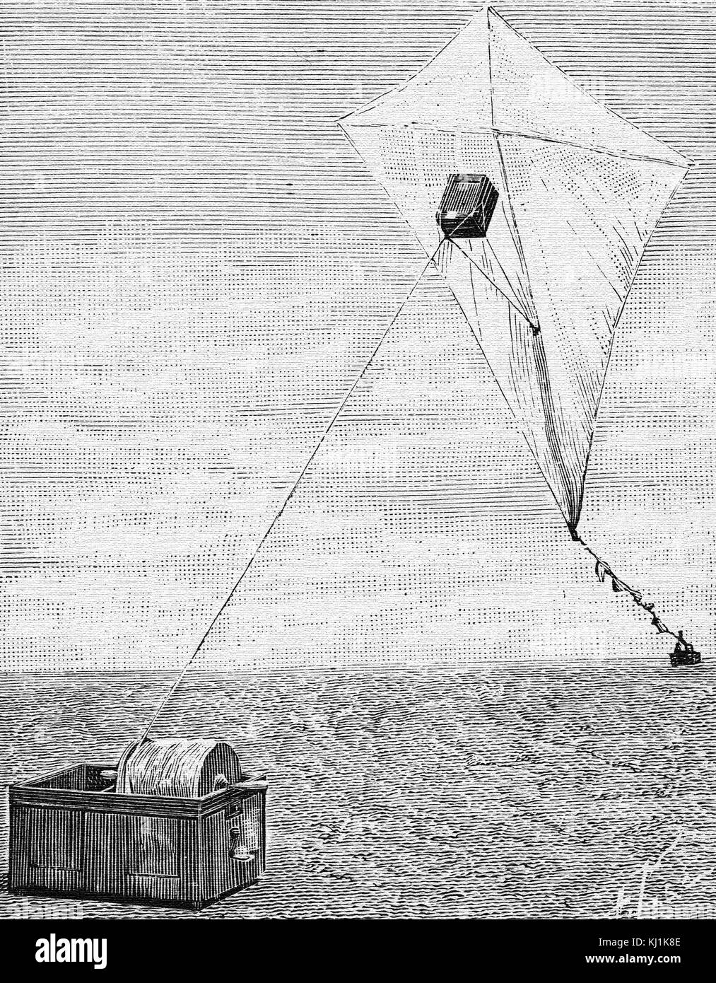 Engraving depicting a kite with a camera attached being used for aerial photographs. Dated 19th Century Stock Photo