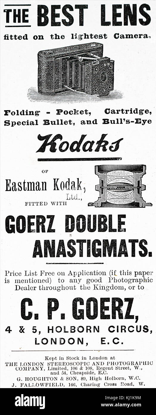 Advert for a Kodak Camera which used Eastman negative film roll. George Eastman (1854-1932) an American entrepreneur who founded Eastman Kodak Company. Dated 19th Century Stock Photo