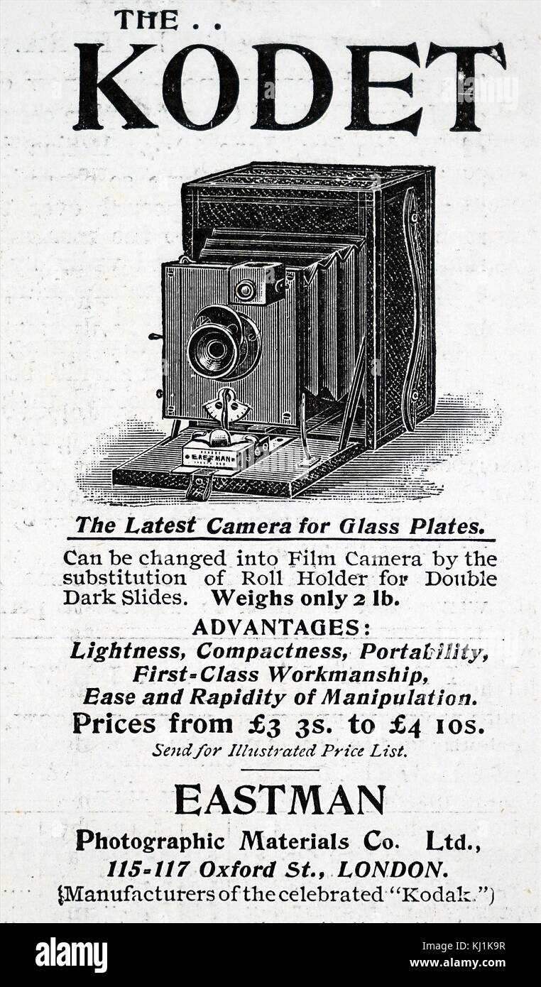 Advert for a Kodak Box Camera which used Eastman negative film roll. George Eastman (1854-1932) an American entrepreneur who founded Eastman Kodak Company. Dated 19th Century Stock Photo