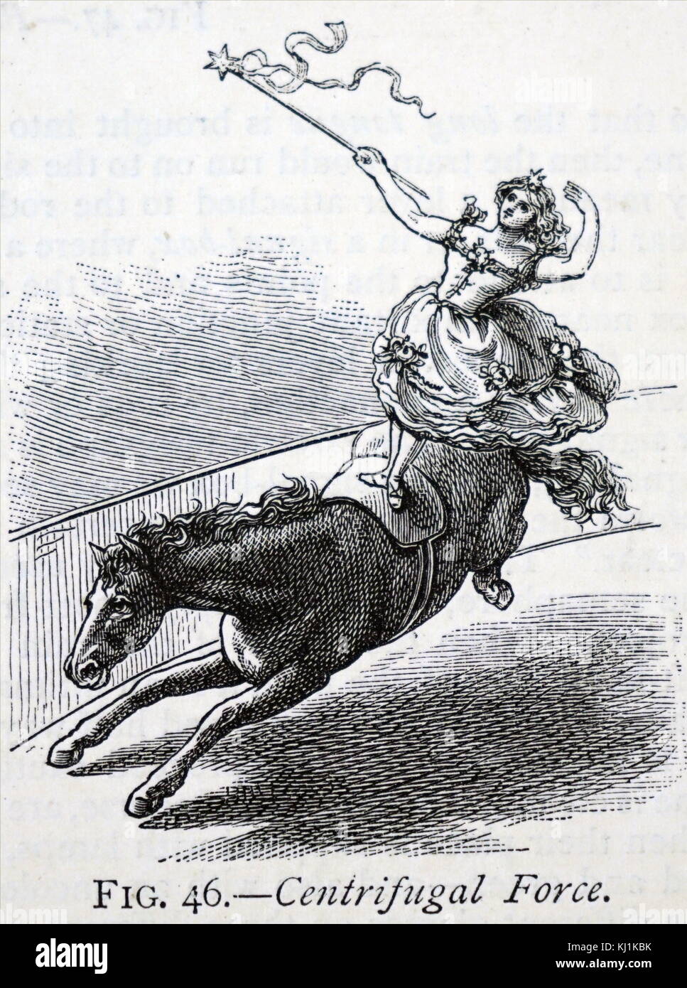Engraving demonstrating how centrifugal force helps the circus performer keep balance whilst riding a horse. Dated 19th Century Stock Photo