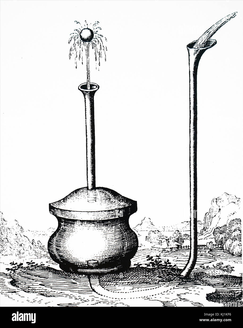 Engraving depicting the principle of a fountain. Dated 17th Century Stock Photo