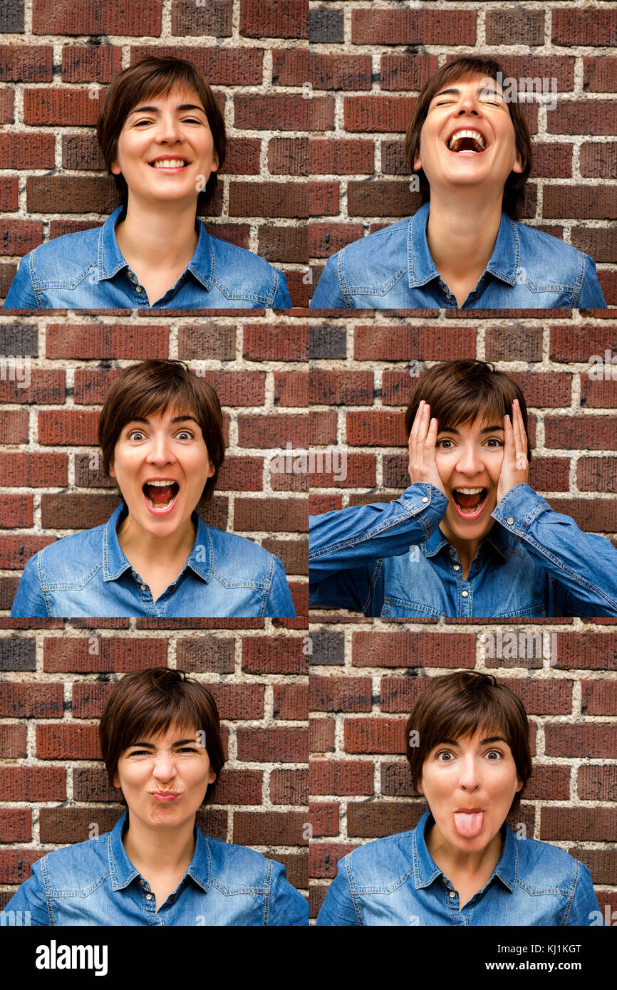 Multiple portrait of a same woman with diferente expresisons Stock Photo