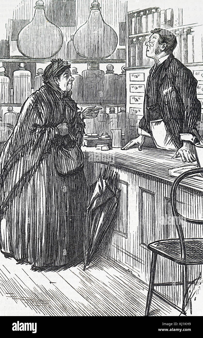 Cartoon depicting a woman trying to buy a thermometer from the local chemist. Dated 19th Century Stock Photo