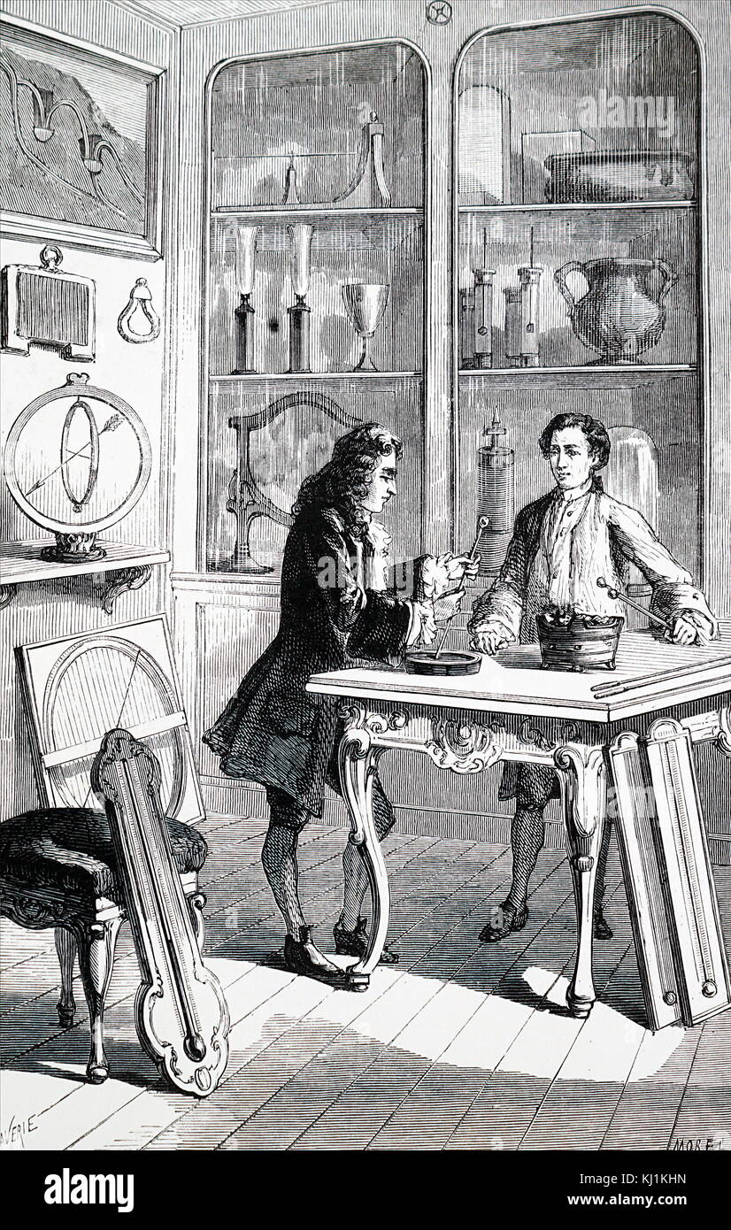 Engraving depicting René Antoine Ferchault de Réaumur constructing a thermometer. René Antoine Ferchault de Réaumur (1683-1757) a French scientist. Dated 19th Century Stock Photo