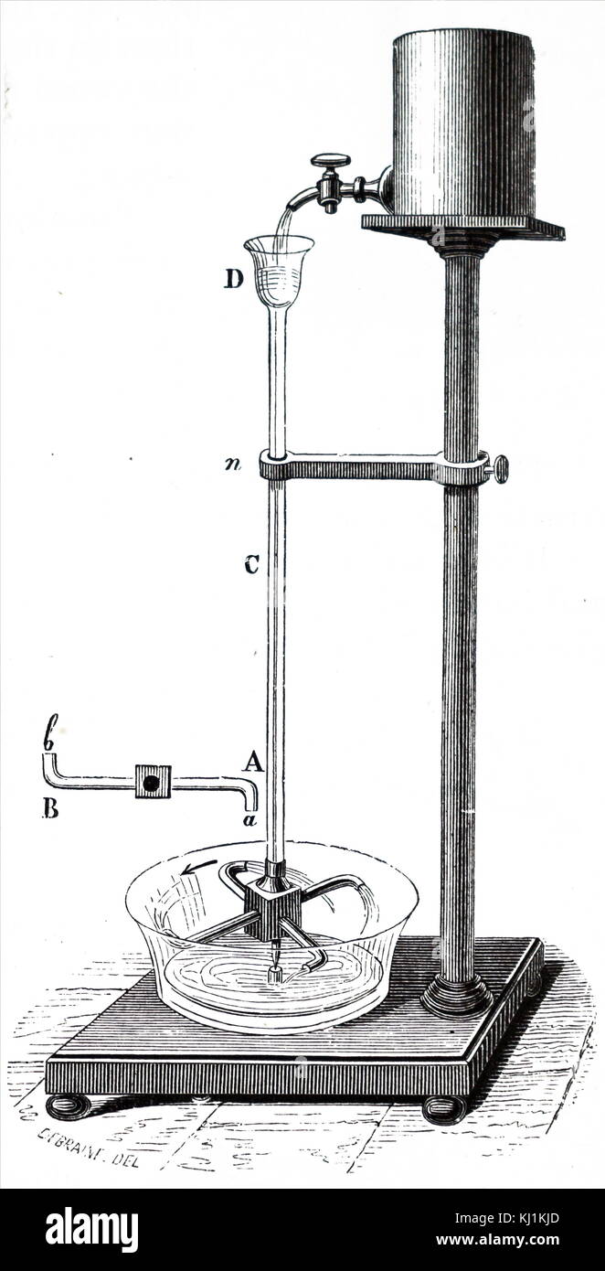 Engraving depicting 'Barker's Mill' (hydraulic tourniquet) demonstrating the lateral pressure exerted by a liquid on the vessel containing it. Dated 19th Century Stock Photo