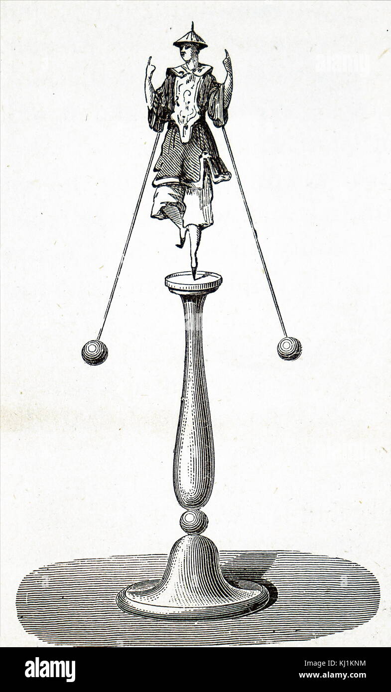 Engraving depicting a circus performer balancing atop a podium. Dated 19th Century Stock Photo