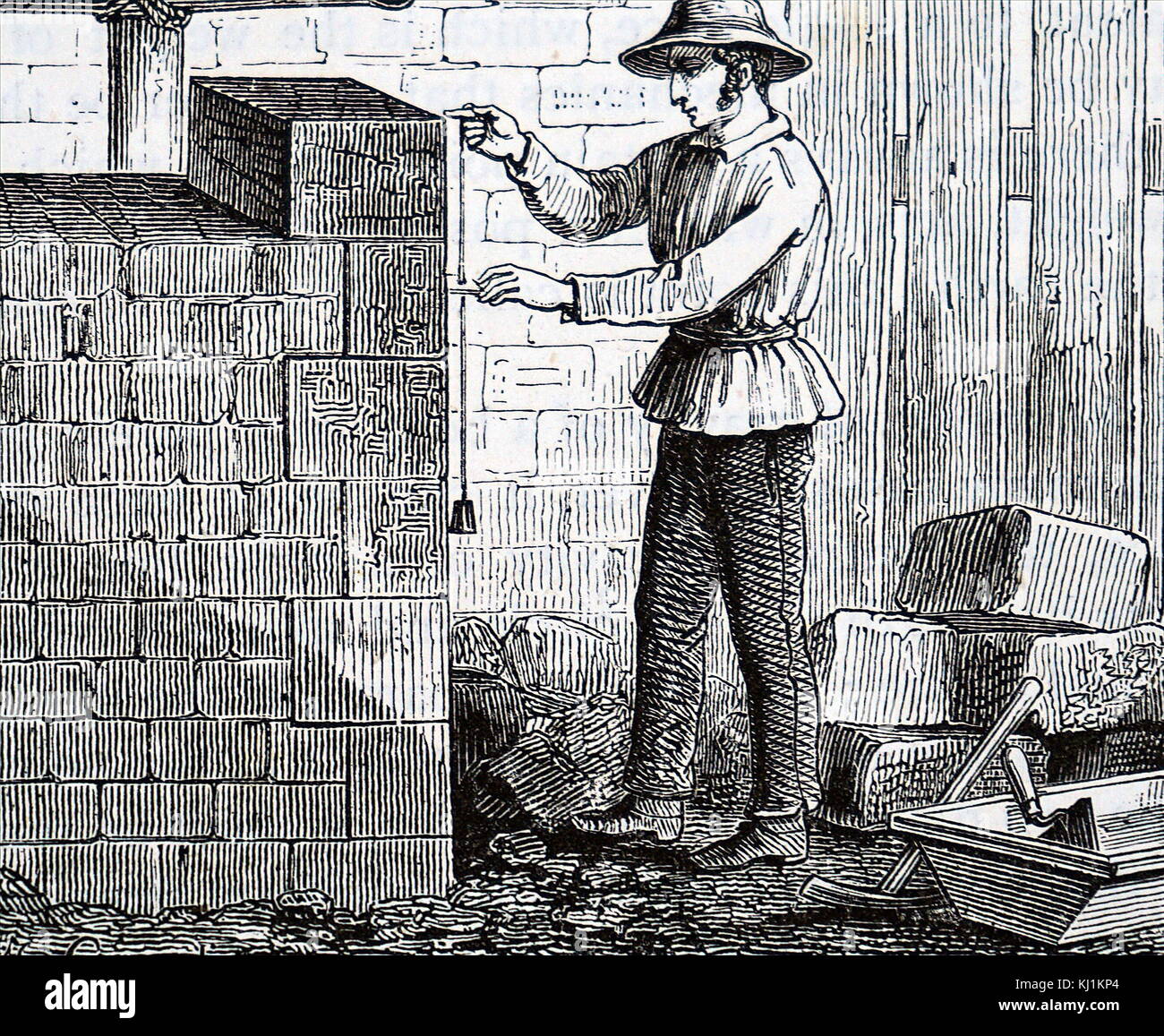 Engraving depicting a builder using a plumb line to keep a walk
