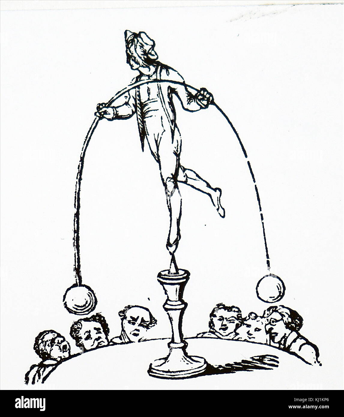 Engraving depicting a circus performer balancing atop a podium. Dated 19th Century Stock Photo