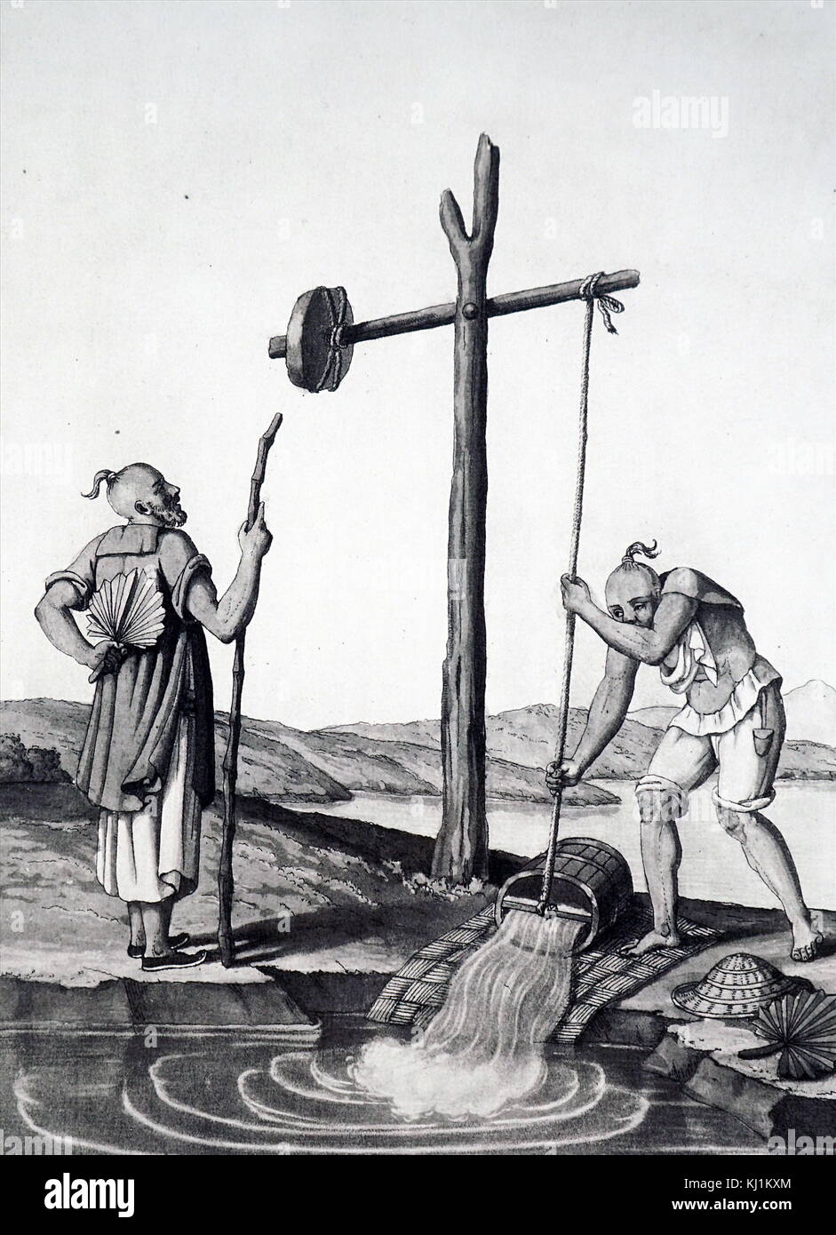 Engraving depicting the raising of water by means of a shadoof. A shadoof is a pole with a bucket and counterpoise used especially in Egypt for raising water. Dated 19th Century Stock Photo