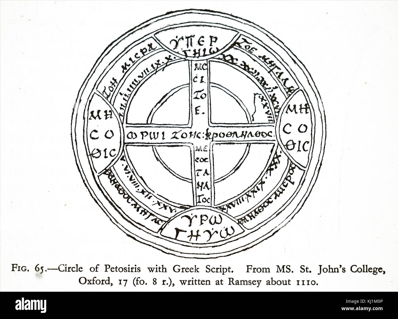 Engraving depicting a Petosiris's Circle. Petosiris to Nechepso is a letter describing an ancient divination technique using numerology and a diagram. Dated 12th Century Stock Photo