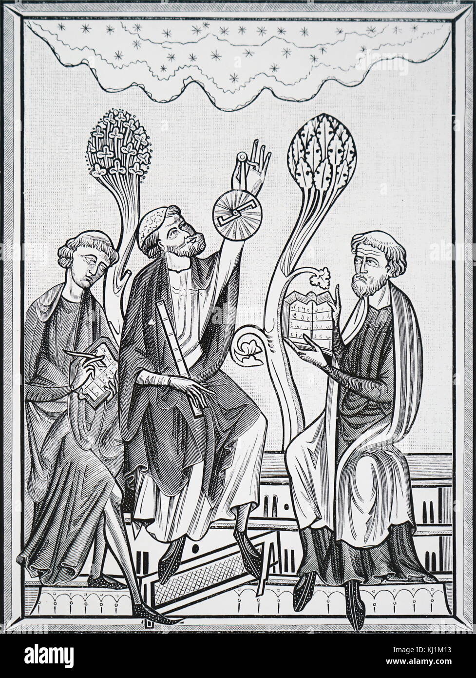 Engraving from a 13th century manuscript depicting an astronomy lesson. The central figure is shown using an astrolabe. Date 13th Century Stock Photo