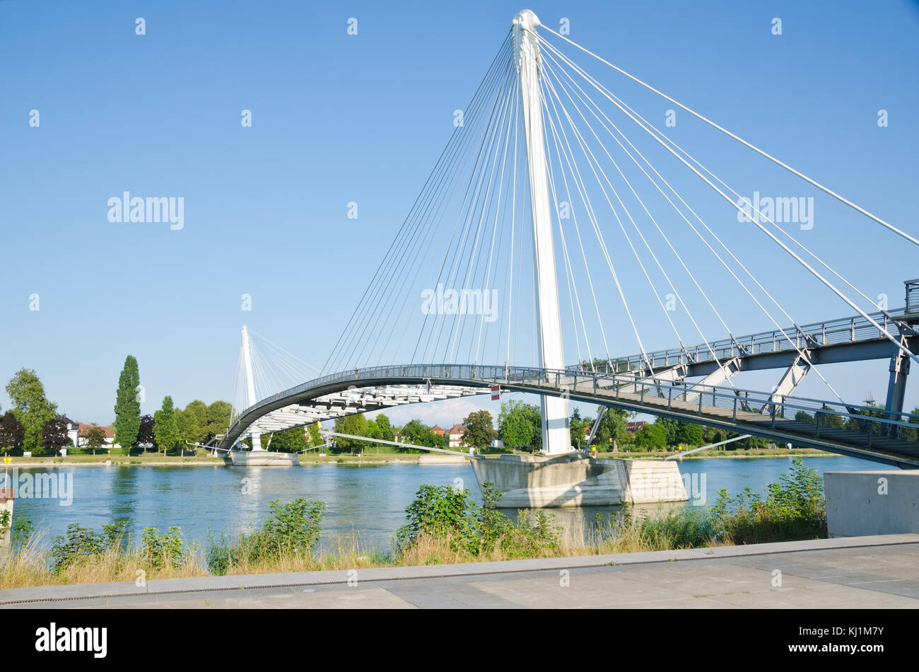 STRASBOURG, FRANCE. 31st August 2016. The Passerelle Mimram, a pedestrian bridge linking the German and French sides of the Rhine river. Stock Photo