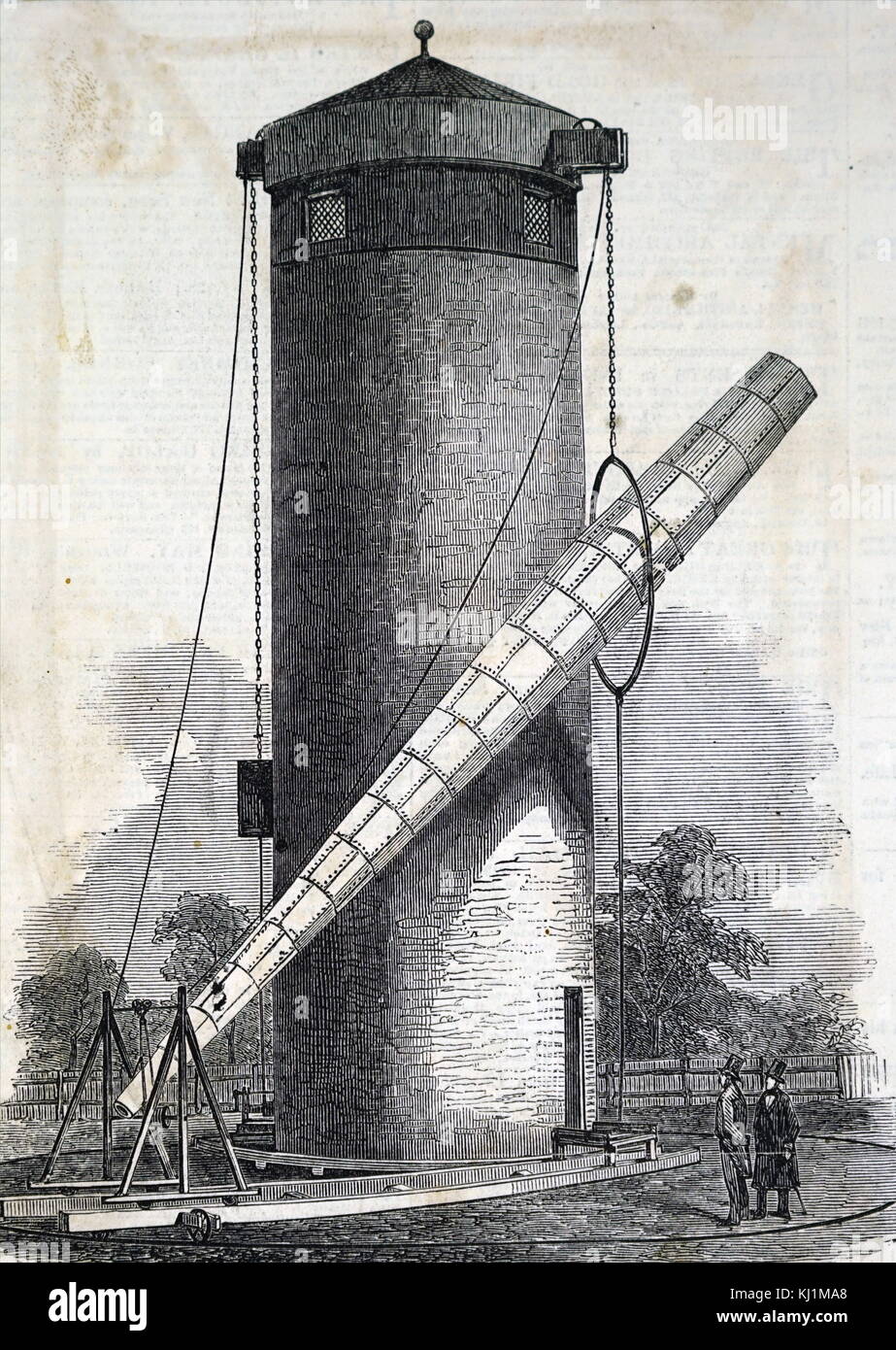 Engraving depicting the Craig telescope, a large telescope built in the 1850s, and while much larger than previous refracting telescopes. Dated 19th Century Stock Photo